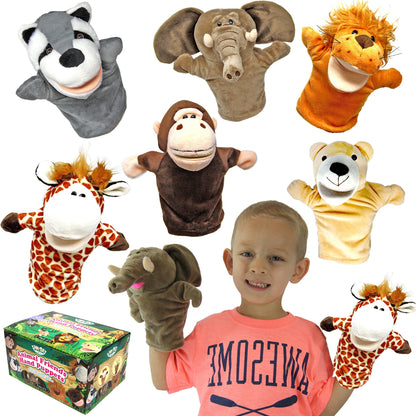 JOYIN 6Pcs Kids Hand Puppet Set with Working Mouth, Toddler Animal Plush Toy Includes Elephant, Giraffe, Lion, Bear, Raccoon and Monkey for Show Theater, Christmas Birthday Gifts for Kid Age 3+