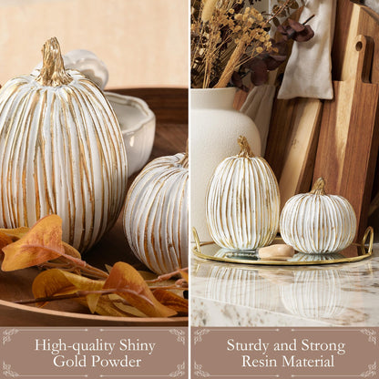 DN DECONATION White and Gold Fall Pumpkin Decorations Thanksgiving Table Centerpieces, 2 Pcs Artificial Luxury Resin Pumpkins Figurines for Decorating, Autumn Harvest Fall Home Decor Shelf Mantel