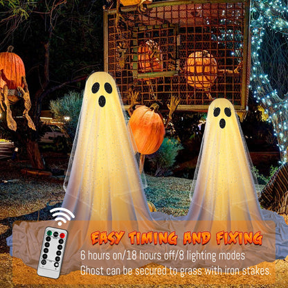 2Packs Halloween Decorations Outdoor,Halloweens Party Decoration Indoor,Spooky Ghost with Remote Control String Lights,Halloween-Ghost Lights for Porches Yards Gardens Lawn
