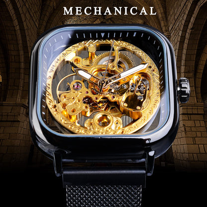 FORSINING Square Automatic Watches Mechanical Wrist Watch Black for Mens Skeleton Watches with Stainless Steel Transparent Dial with Royal Flower Movement Carving