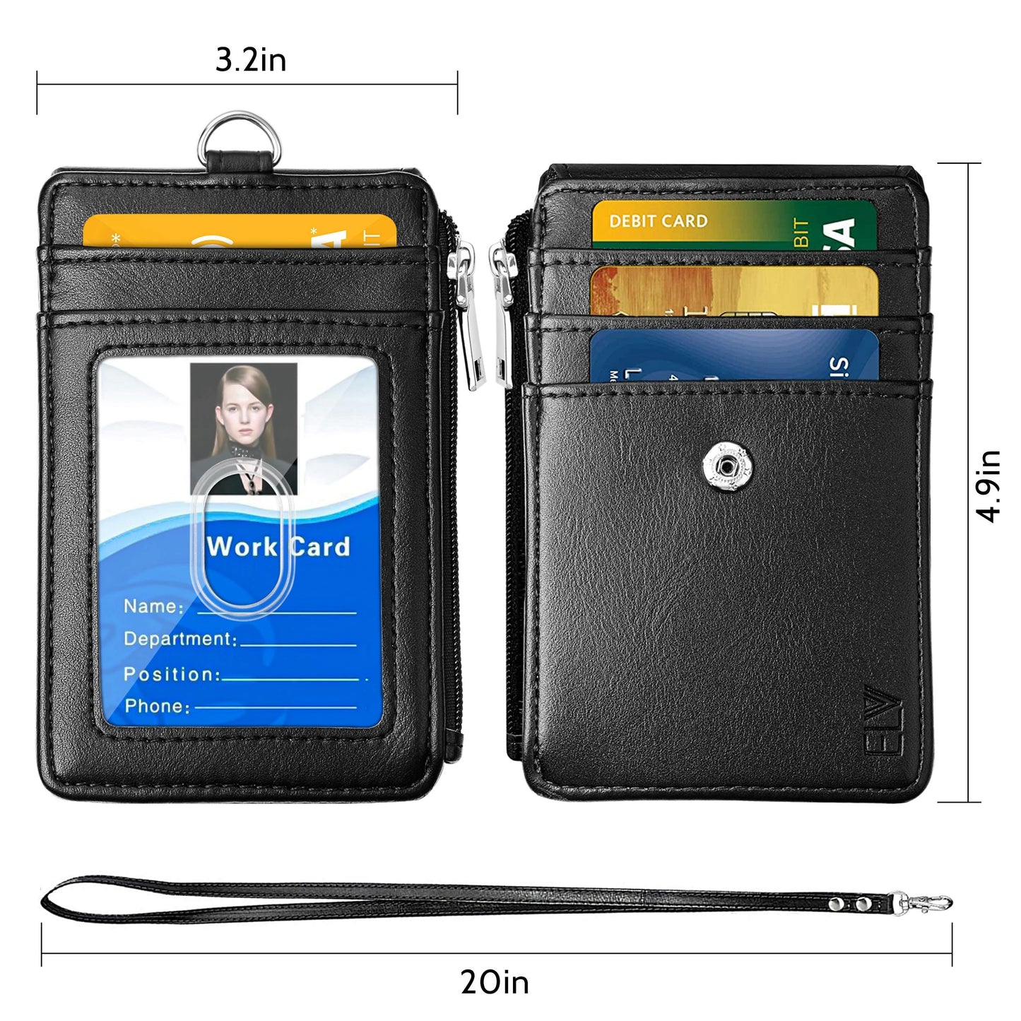 ELV Badge Holder with Zipper, PU Leather ID Badge Card Holder Wallet with 5 Card Slots, 1 Side RFID Blocking Pocket and 20 inch Neck Lanyard Strap for Offices ID, School ID, Driver Licence (Black)