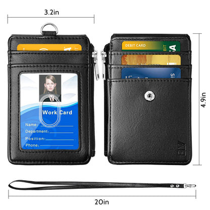 ELV Badge Holder with Zipper, PU Leather ID Badge Card Holder Wallet with 5 Card Slots, 1 Side RFID Blocking Pocket and 20 inch Neck Lanyard Strap for Offices ID, School ID, Driver Licence (Black)
