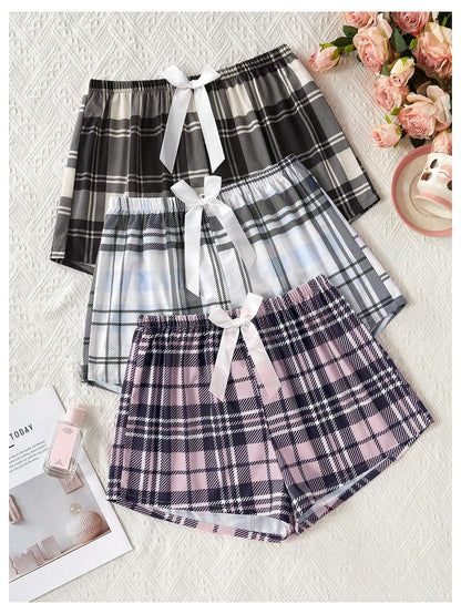 GORGLITTER Women's 3 Piece Plaid Pajama Shorts Elastic Waist Cute Pj Sleep Lounge Shorts Black White Pink Small