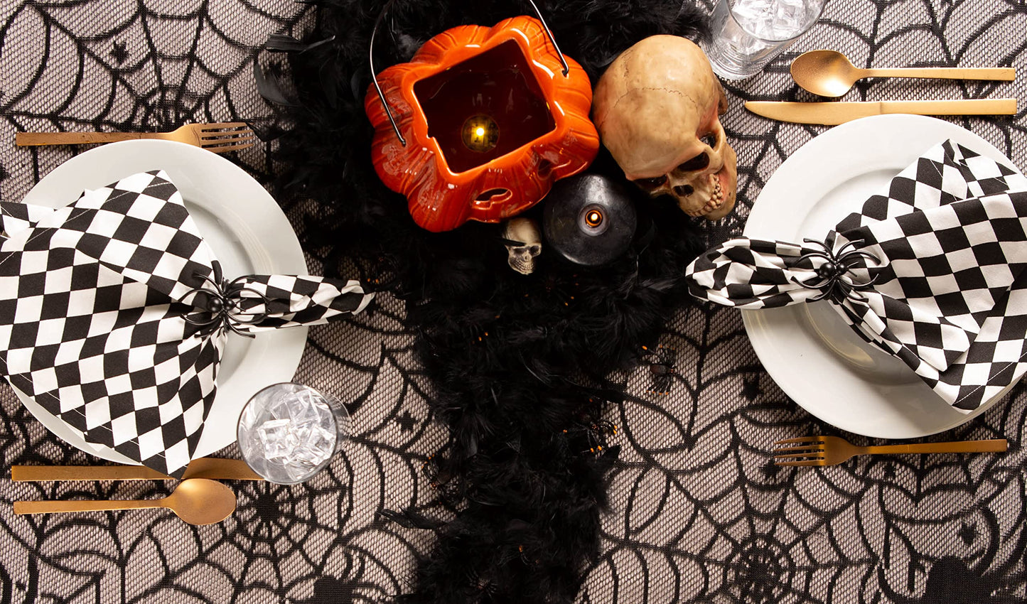 DII Halloween Tabletop, Harlequin Collection, Napkin Set, Black and Cream 6 Piece
