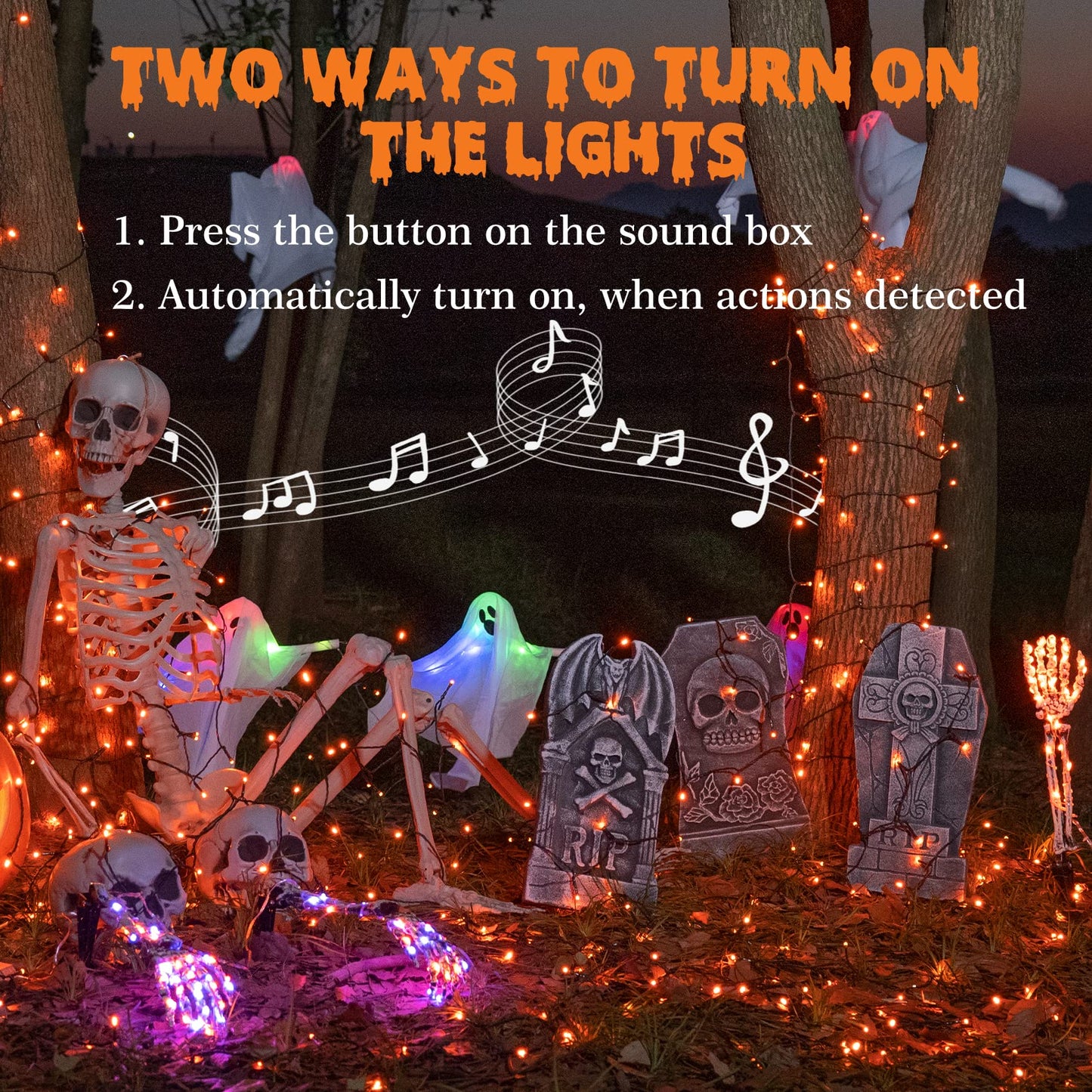 Halloween String Lights with Music Sync Spooky Sounds - 6 Lighting Modes, 300 LED Lights for Haunted Party Yard Room Decor (Orange)