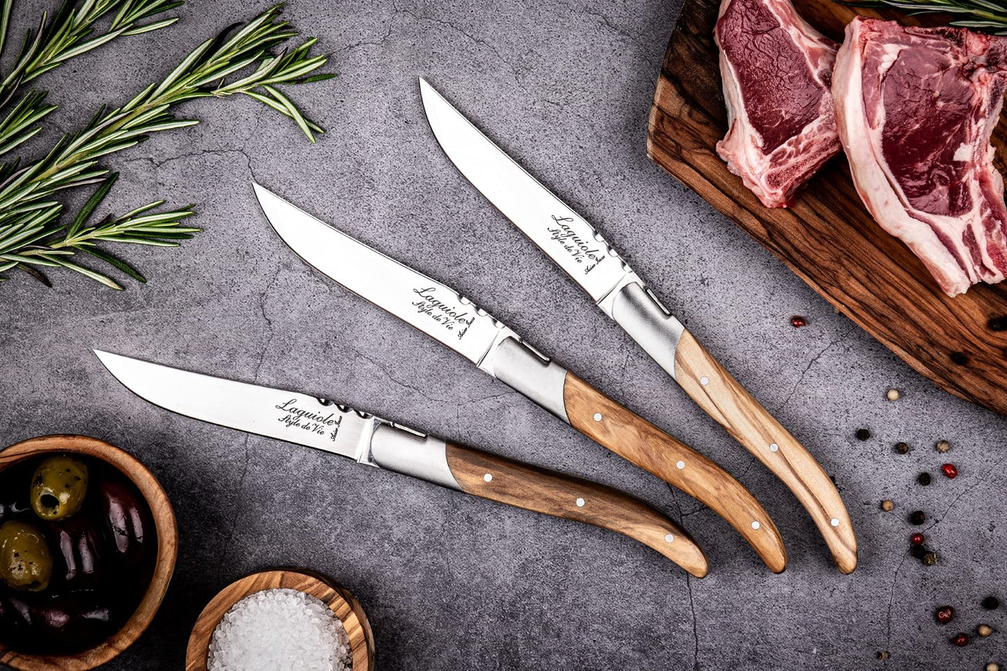 Laguiole Style de Vie Steak Knives, Luxury Line, 6 pieces, Olive Wood, in giftbox