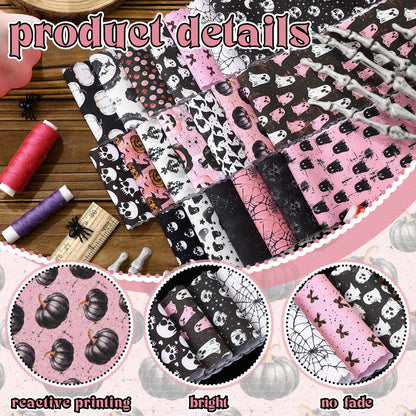 Hosuly 40 Pcs Pink Halloween Fabric Vintage Pumpkin Crow Skull Ghost Spiderweb Quilting Fabric Patchwork Roll Halloween Quilting Strips 2.55 Inch Precut for Sewing Material DIY Crafts