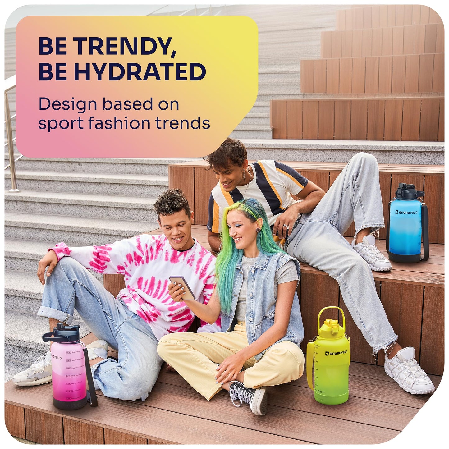 EnergyBud 1 Gallon Water Bottle Removable Straw And Handle Dishwasher-Safe BPS & BPA & DEHP Free +2 Brushes Big/Large Bottle With Time Markers Wide Mouth Leakproof 128 oz Jug (Yellow & Green)