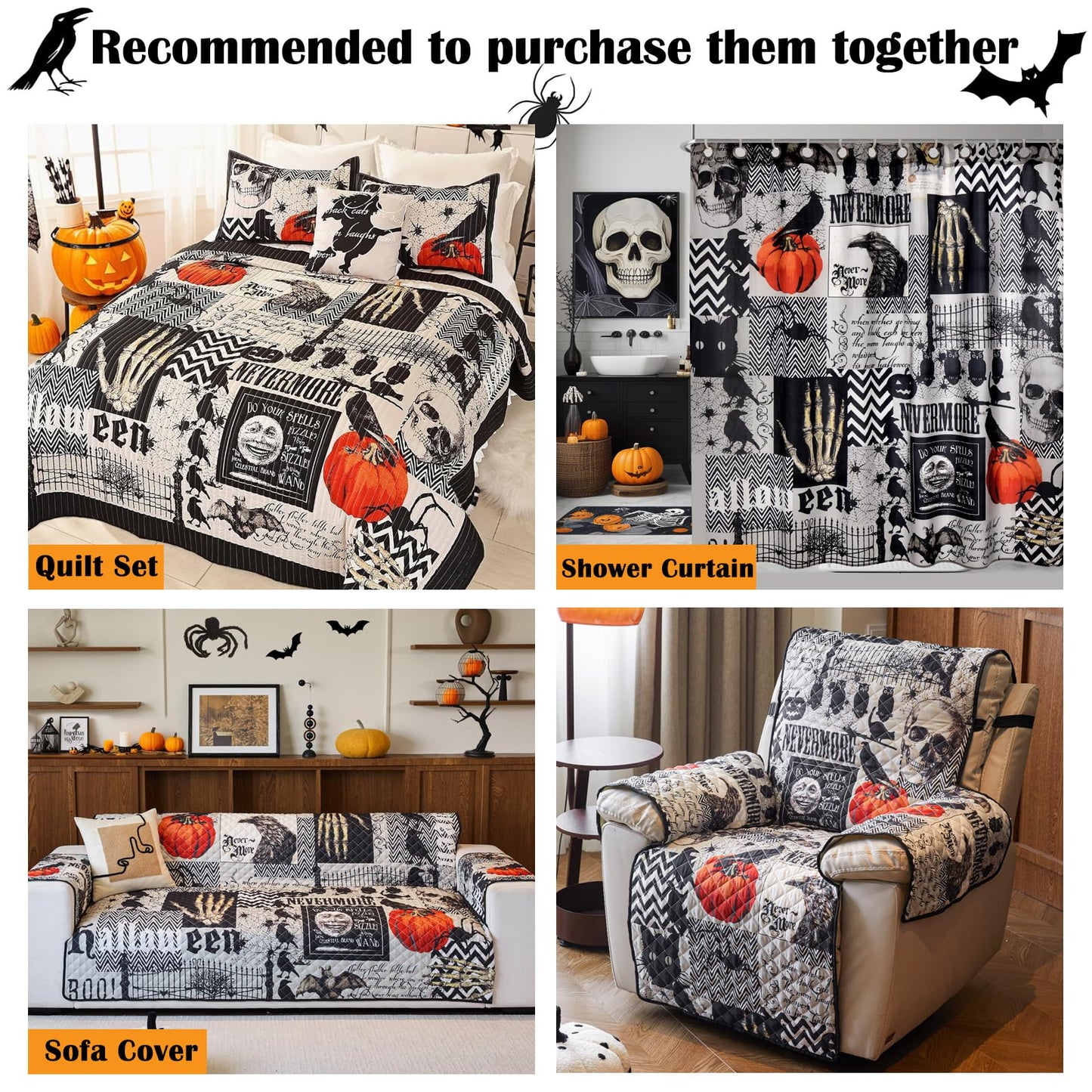 EVENHUG Halloween Quilt Set King Size Bedspread with Pillow Shams Festival Themed Bedding Sets Pumpkin Ghost Coverlet 4 Piece (104"x90")