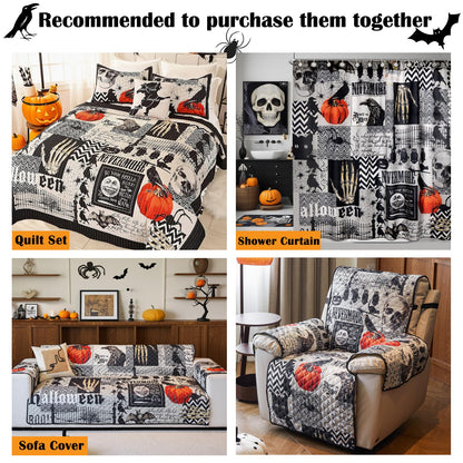 EVENHUG Halloween Quilt Set King Size Bedspread with Pillow Shams Festival Themed Bedding Sets Pumpkin Ghost Coverlet 4 Piece (104"x90")