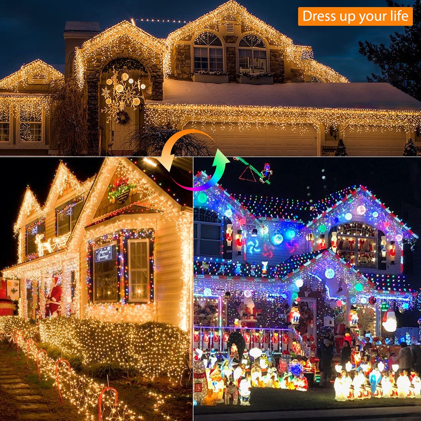 Brizled Christmas Icicle Lights, 29ft 360 LED Outdoor Icicle Lights Color Changing with Remote, 11 Function Connectable Christmas Lighting Warm White & Multicolor Xmas Lighting for Xmas Home Wedding