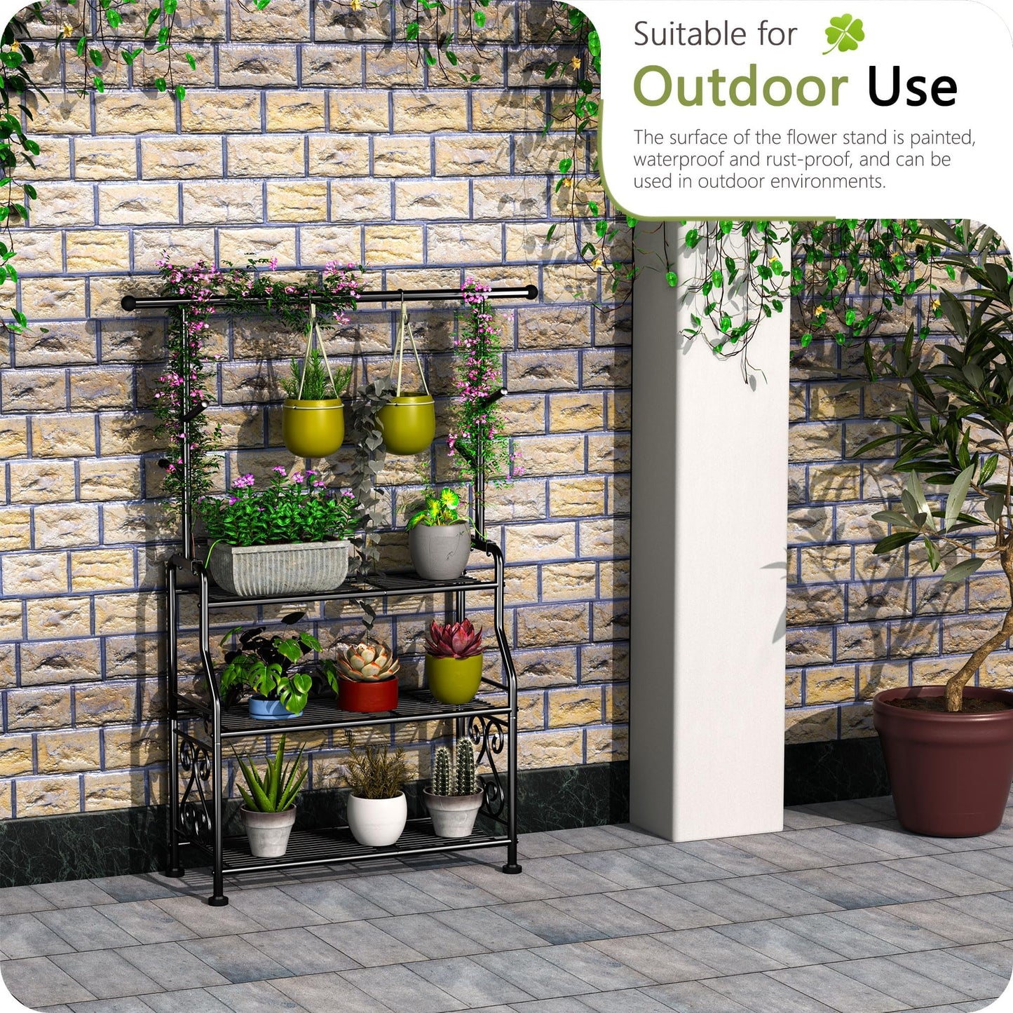 GIOTORENT Plant Stand Indoor, 3-Tier Heavy Duty Metal Shelf for Patio & Indoor, Tall Plant Holds 14+ Plants with 5 Hooks, Rust-Proof Plant Holder for Garden, Balcony, Living Room, Black