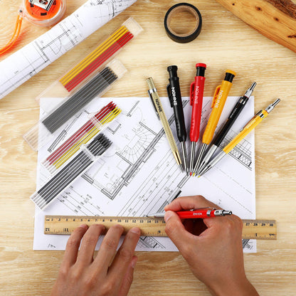 6 Pack Carpenter Pencil with Sharpener, Mechanical Carpenter Pencils with 36 Refills, Heavy Duty Construction Pencil Woodworking Tools for Architect Marking