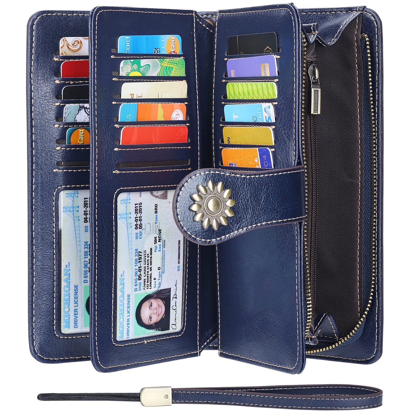 Lavemi Womens Large Capacity Genuine Leather RFID Blocking Wallets Wristlet Clutch Card Holder(1- Blue)
