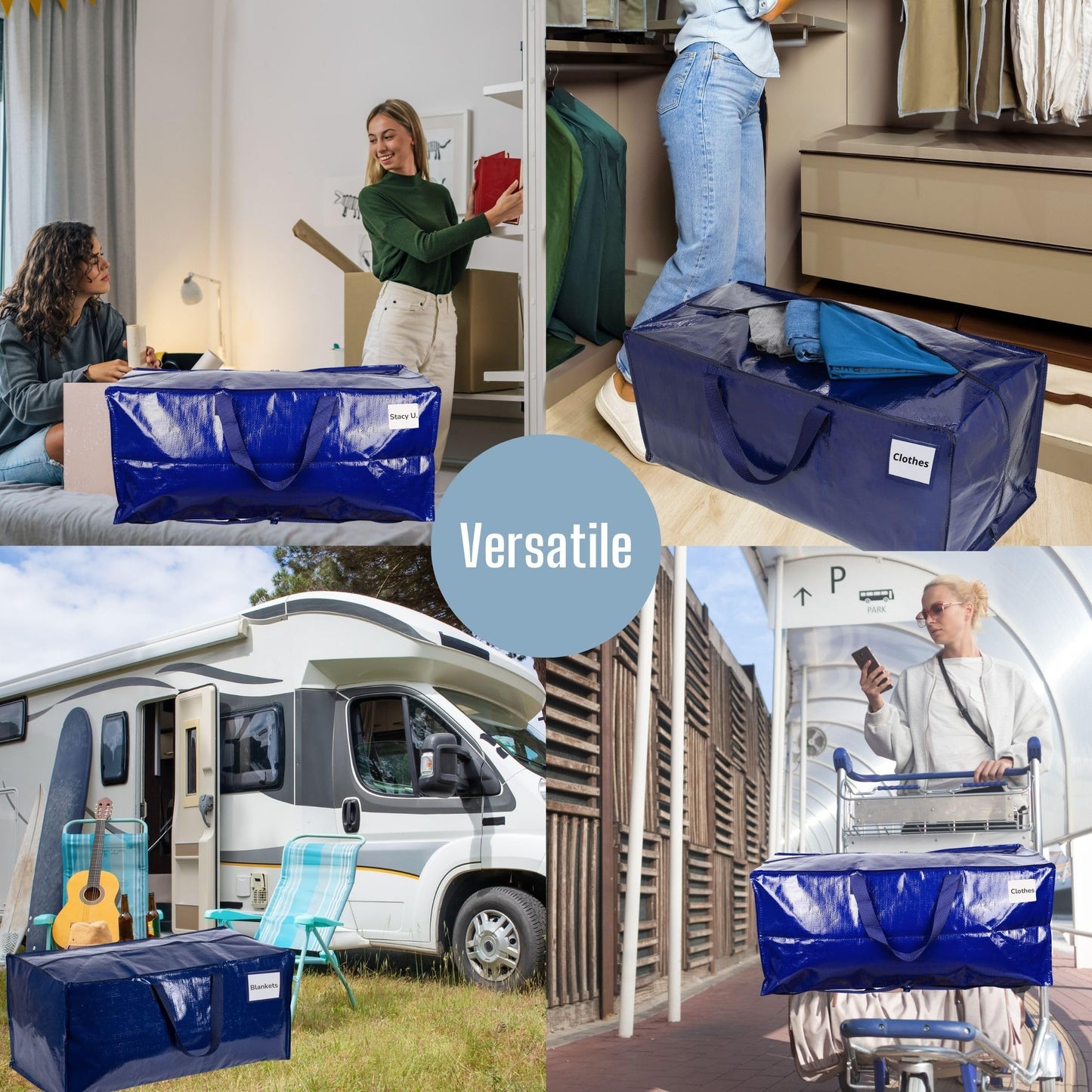 VENO 4 Pack Moving Bags w/Backpack Straps, Heavy Duty, Moving Boxes Alternative, Packing Supplies, Large Storage Totes for Dorm Room Essentials with Zipper for Clothes (Blue, 4 Pack)