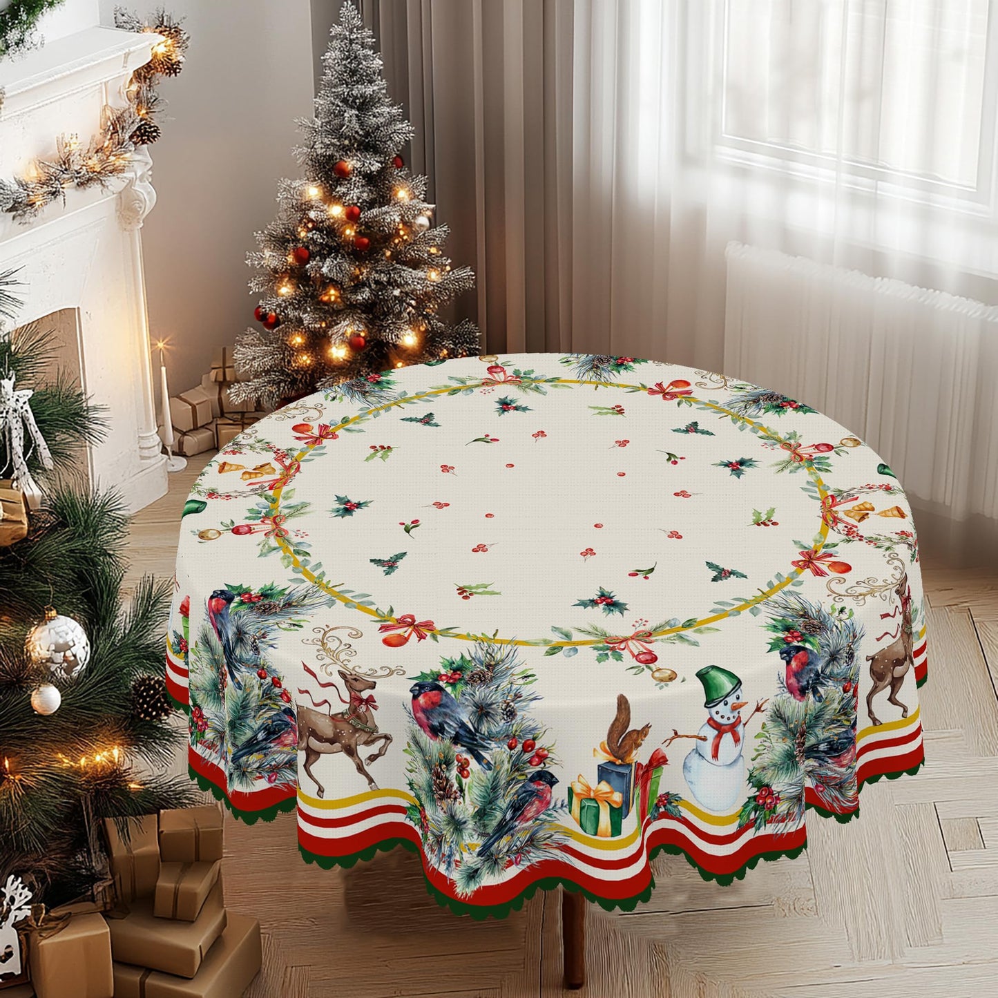Eikione Christmas Round 60In Tablecloth Polyester Waterproof Stain Wrinkle Free, Christmas Reindeer Table Cover for Home Kitchen Dining Party