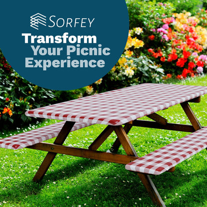 Sorfey Picnic Table Cover with Bench Covers -Fitted with Elastic, Vinyl with Flannel Back, Fits for Table 30"x 72" Rectangle,Water Proof, Checked red Design