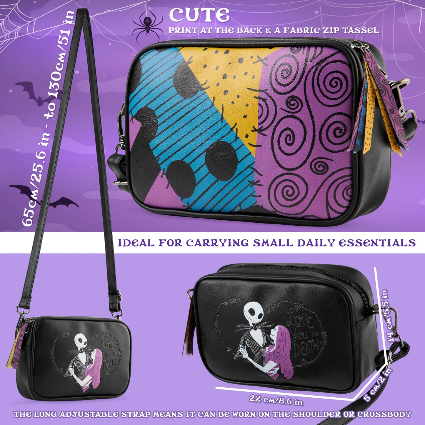 Disney The Nightmare Before Christmas Crossbody Bags for Girls, Teens, Faux Leather Girls Shoulder Bag for Halloween, Cute Stuff, Gifts for He (Black Jack)