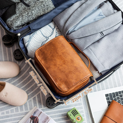 Elviros Hanging Toiletry Bag for Men Travel Essentials 3-in-1 Large Waterproof Dopp Kit PU Leather Shaving Bag with Separate Compartments for Grooming and Toiletries Mens Gift