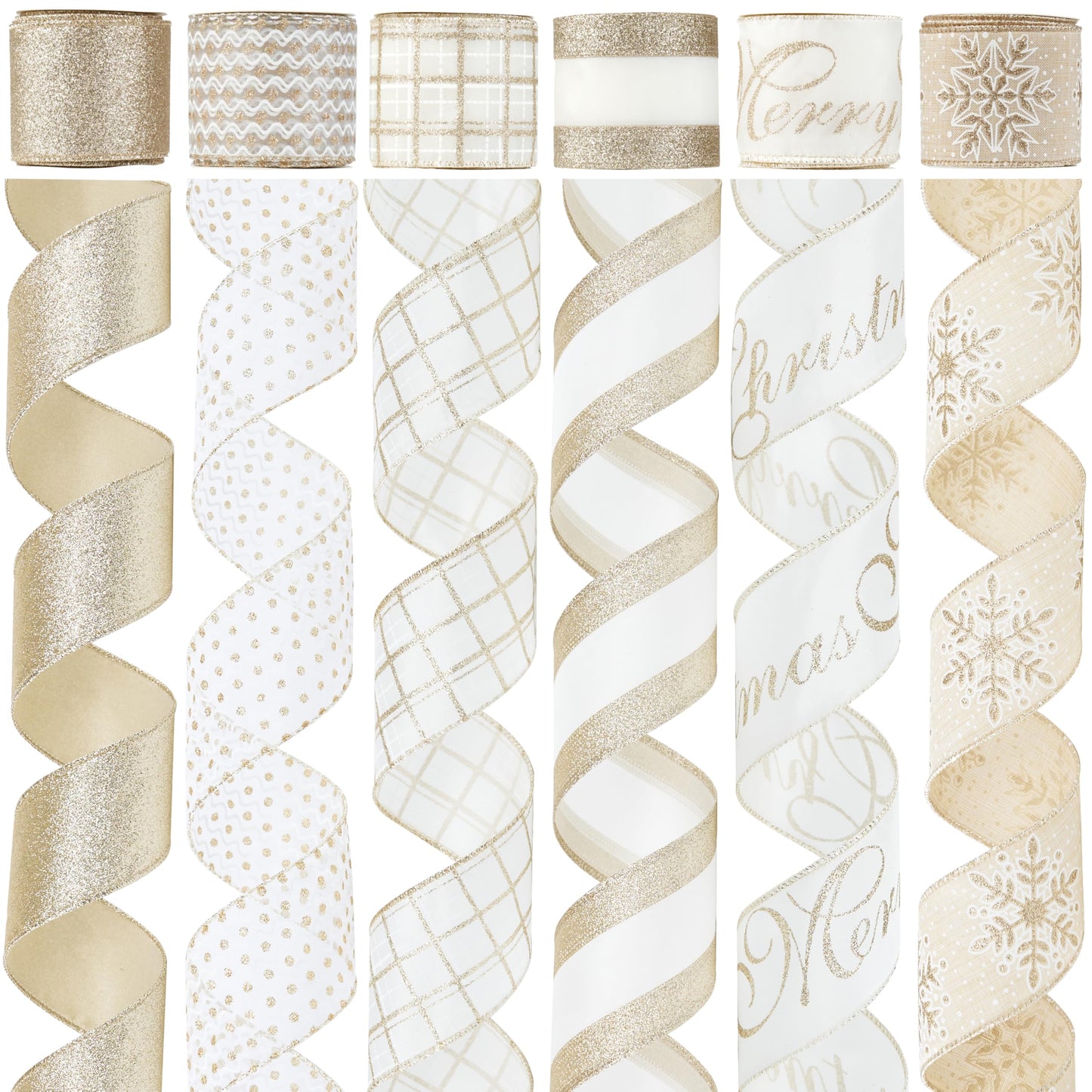 DINDOSAL Champagne Christmas Ribbon Wired 2.5 Inch, 6 Rolls 36 Yards Glitter Champagne Gold Christmas Tree Ribbon for Garland, Wreaths, Bows, Ribbon for Christmas Decor