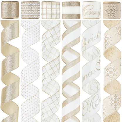 DINDOSAL Champagne Christmas Ribbon Wired 2.5 Inch, 6 Rolls 36 Yards Glitter Champagne Gold Christmas Tree Ribbon for Garland, Wreaths, Bows, Ribbon for Christmas Decor
