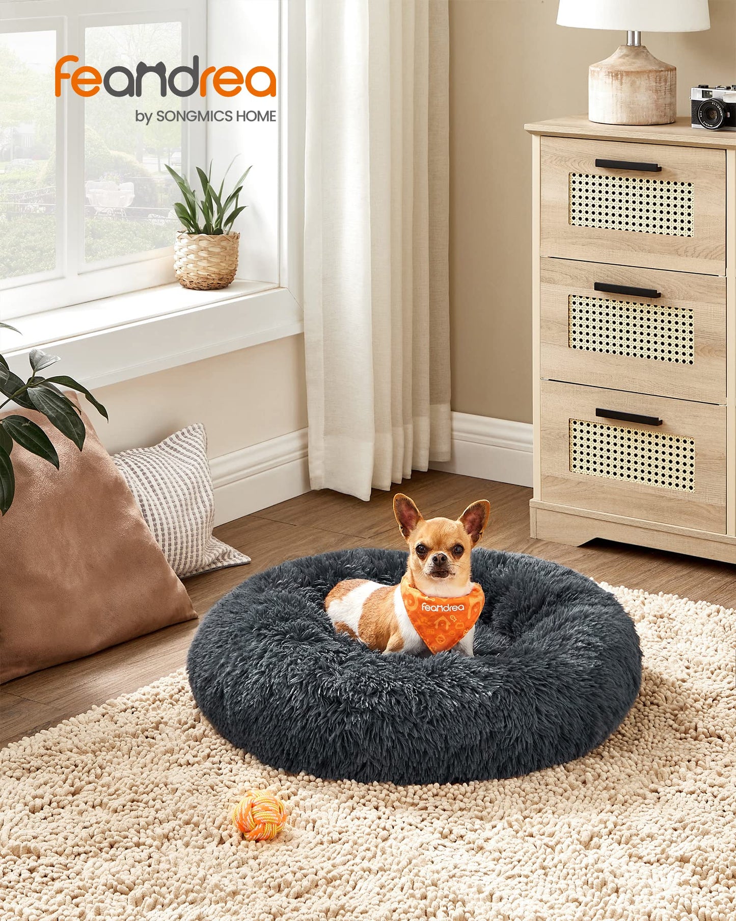 Feandrea Fluffy Dog Bed, Cat Bed, Doughnut Cushion, Washable, Removable Padding in The Centre, Long Plush, 60 cm Diameter, Dark Grey PGW038G02