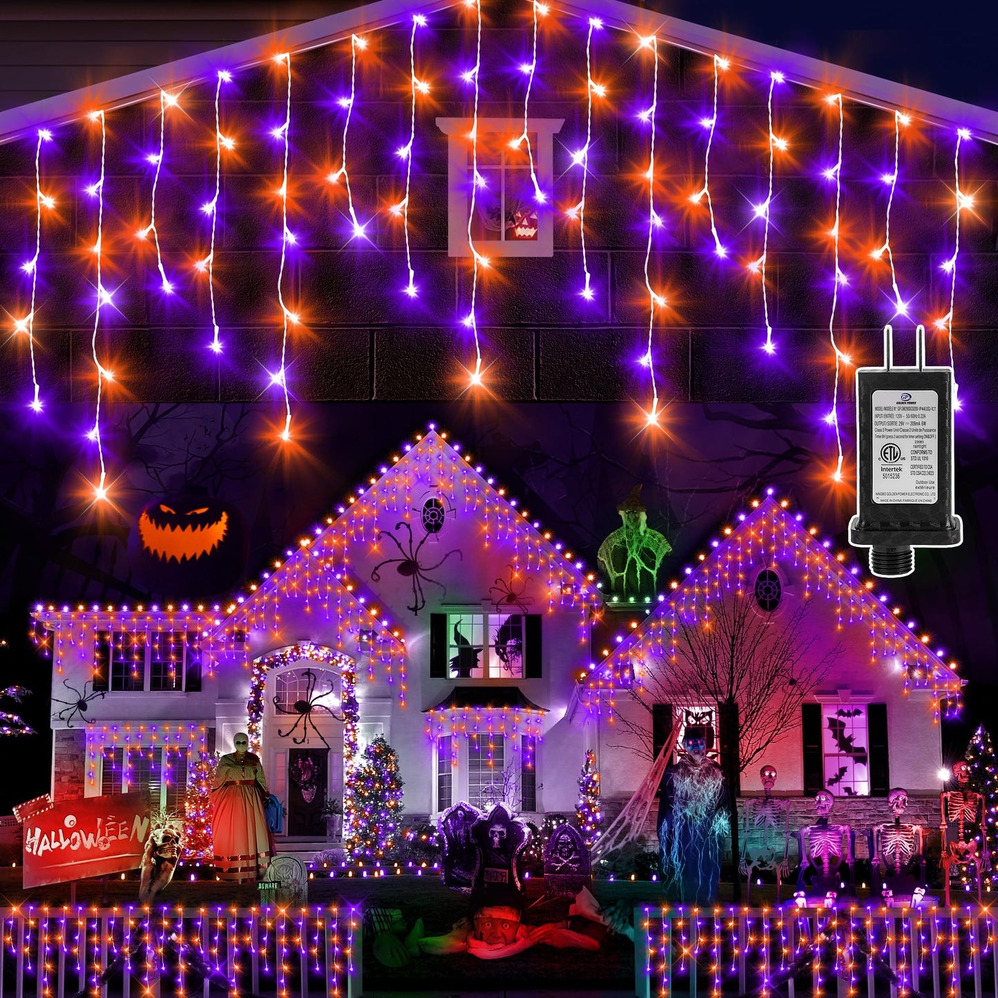 KNONEW Orange Purple Halloween Lights 33FT 400 LED String Lights Outdoor with 75 Drops, 8 Lighting Modes, Timer Memory Function Connectable Hanging Curtain Lights for Halloween Party Decor