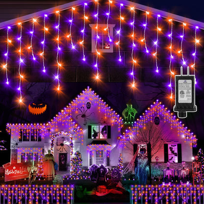 KNONEW Orange Purple Halloween Lights 33FT 400 LED String Lights Outdoor with 75 Drops, 8 Lighting Modes, Timer Memory Function Connectable Hanging Curtain Lights for Halloween Party Decor