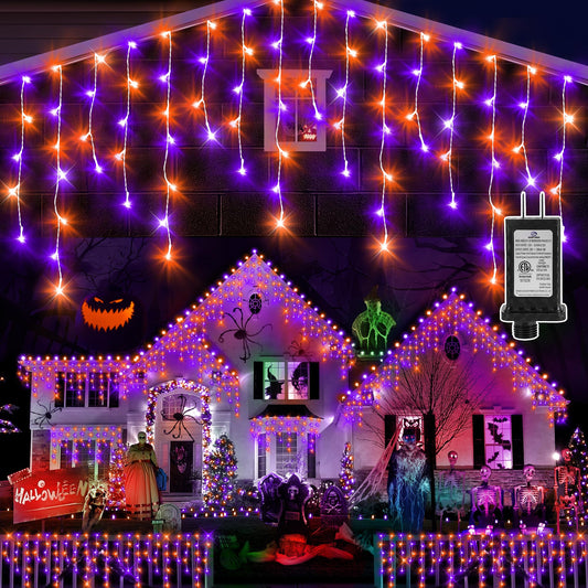 KNONEW Orange Purple Halloween Lights 33FT 400 LED String Lights Outdoor with 75 Drops, 8 Lighting Modes, Timer Memory Function Connectable Hanging Curtain Lights for Halloween Party Decor