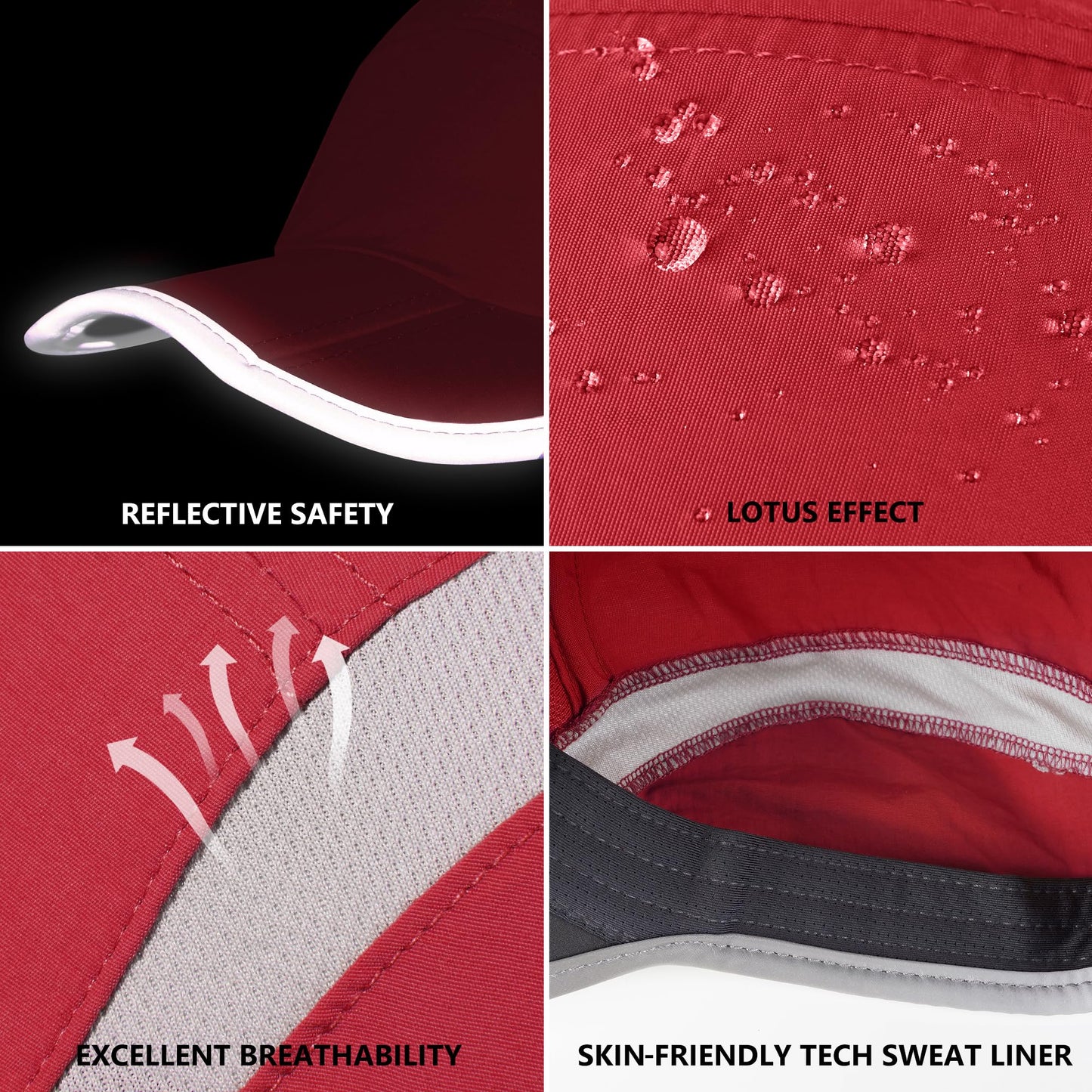 GADIEMKENSD Adjustable Quick Drying Reflective Foldable Running Cap Outdoor Sports Hat 50+ UPF Inhibit UV Mesh Race Performance Water Repellency Baseball Cap (Red)