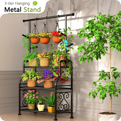 GIOTORENT Plant Stand Indoor, 3-Tier Heavy Duty Metal Shelf for Patio & Indoor, Tall Plant Holds 14+ Plants with 5 Hooks, Rust-Proof Plant Holder for Garden, Balcony, Living Room, Black