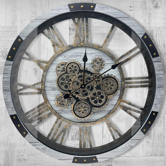DORBOKER 27" Original Moving Gears Wall Clock, Large Industrial Wall Clock for Living Room Decor, Retro Metal Solid Wood Vintage Farmhouse Steampunk Rustic Clocks for Wall Decor,Silver Grey