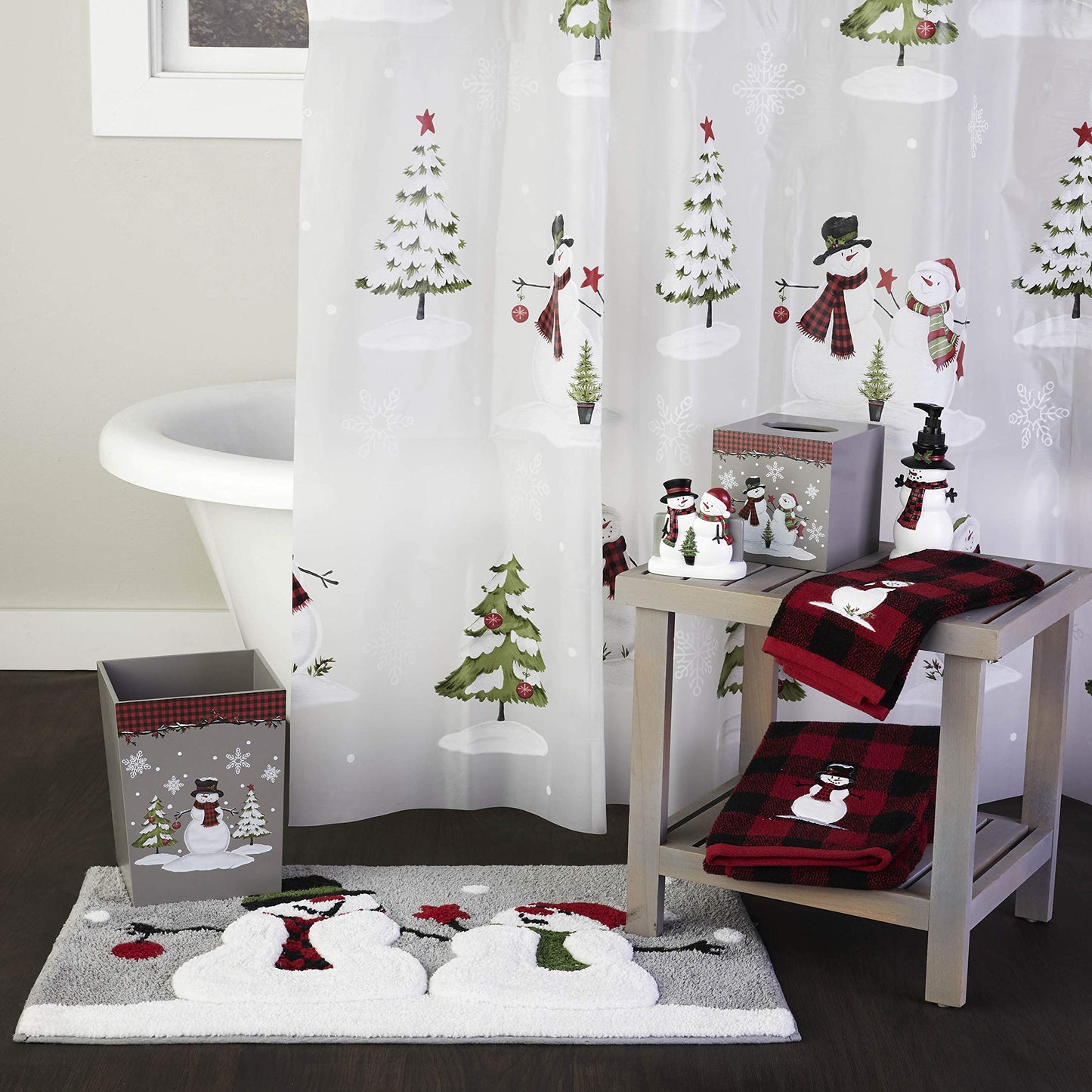 SKL Home Christmas Woodland Winter Snowman Hand Towel 2pc Set for Bath/Kitchen & Gift, Red