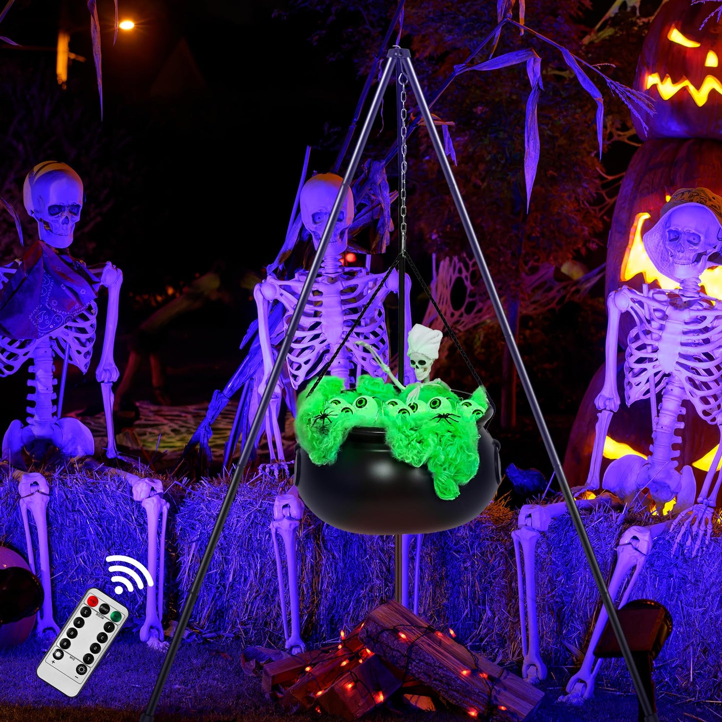Halloween Decorations Outdoor Indoor,Large Witches Cauldron on 52" Tripod with String Lights, Skeleton and Eyeballs,Hocus Pocus Decor,Witches Cauldron for Yard Patio Garden Lawn Decorations.