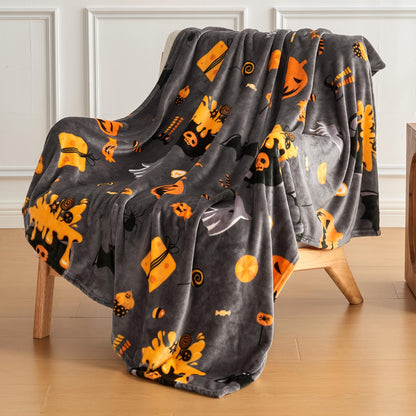 Edenleaf Halloween Blanket with Spooky Pumpkin Bat Ghost Spider Print, Soft Cozy Halloween Throw Blanket for Couch Bed Gifts Home Decoration, Fuzzy Warm Fleece Throws 50"x60" (Grey)