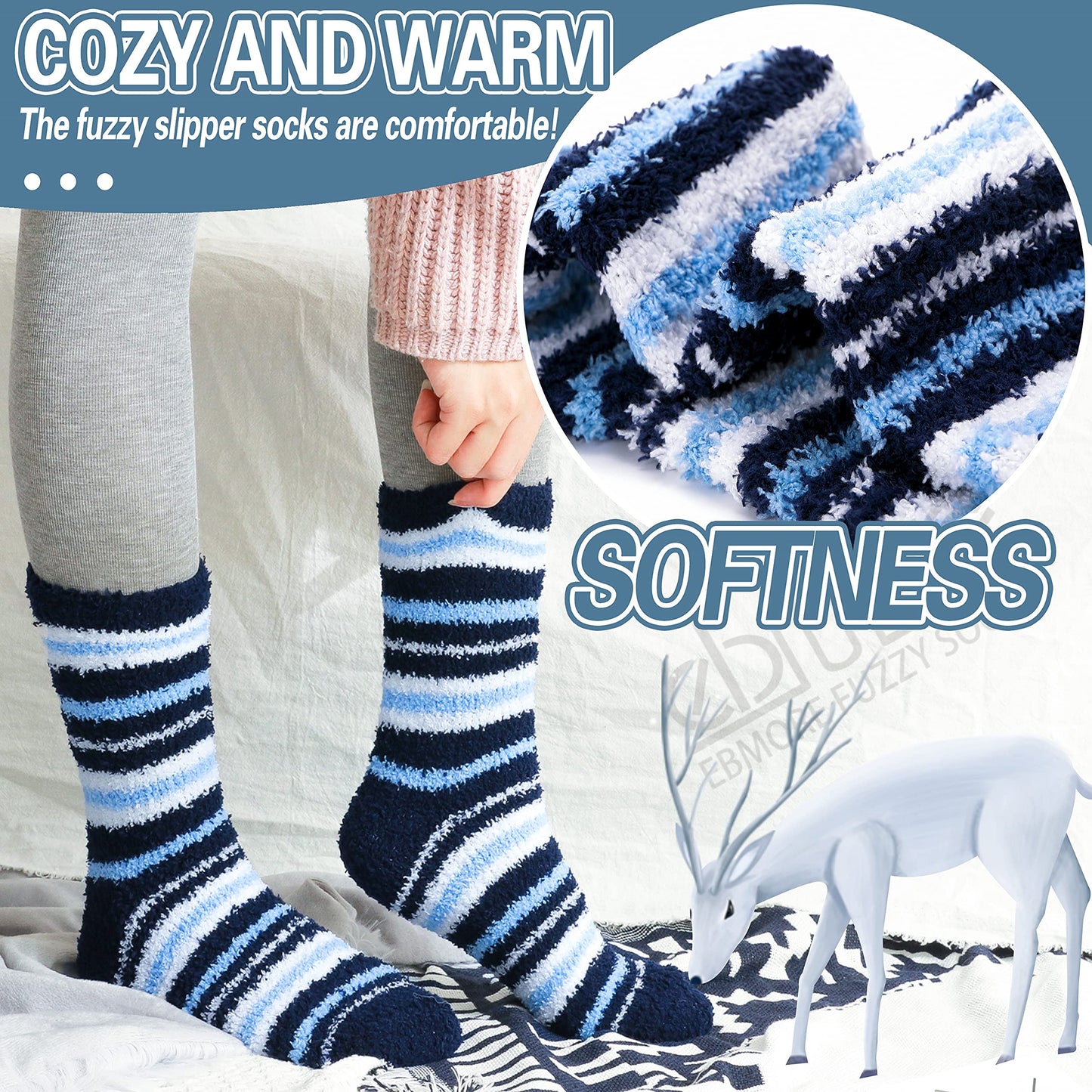EBMORE Fuzzy Socks - Men & Women's Fluffy Warm Winter Thick Cozy Slipper Cabin Soft Stocking Stuffers Socks (Dark Stripes)