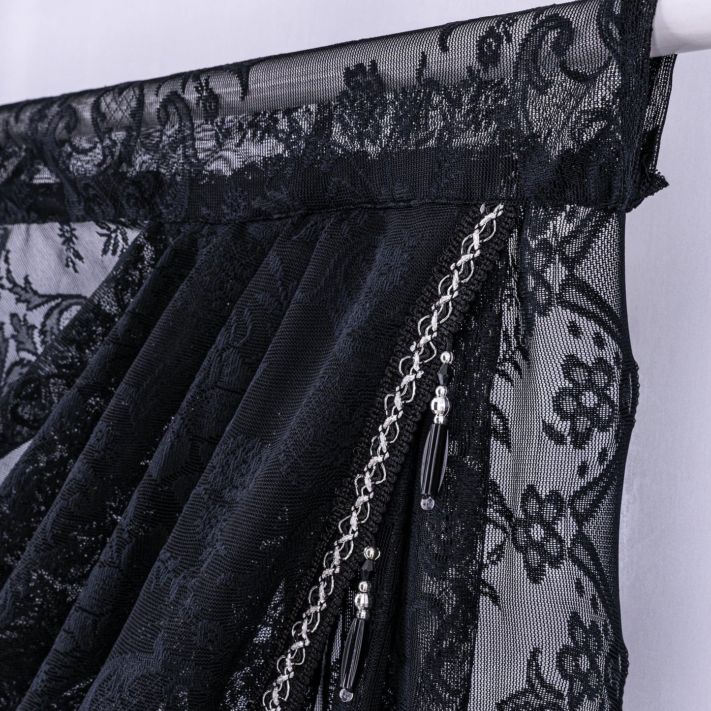 Huierxun Halloween Black Lace Waterfall Window Valance with Bead Tassels Floral Embroidered Valance Curtains Semi Sheer Rod Pocket Valance/Swags for Bedroom/Living Room/Kitchen/Basement(Black,39"x41")