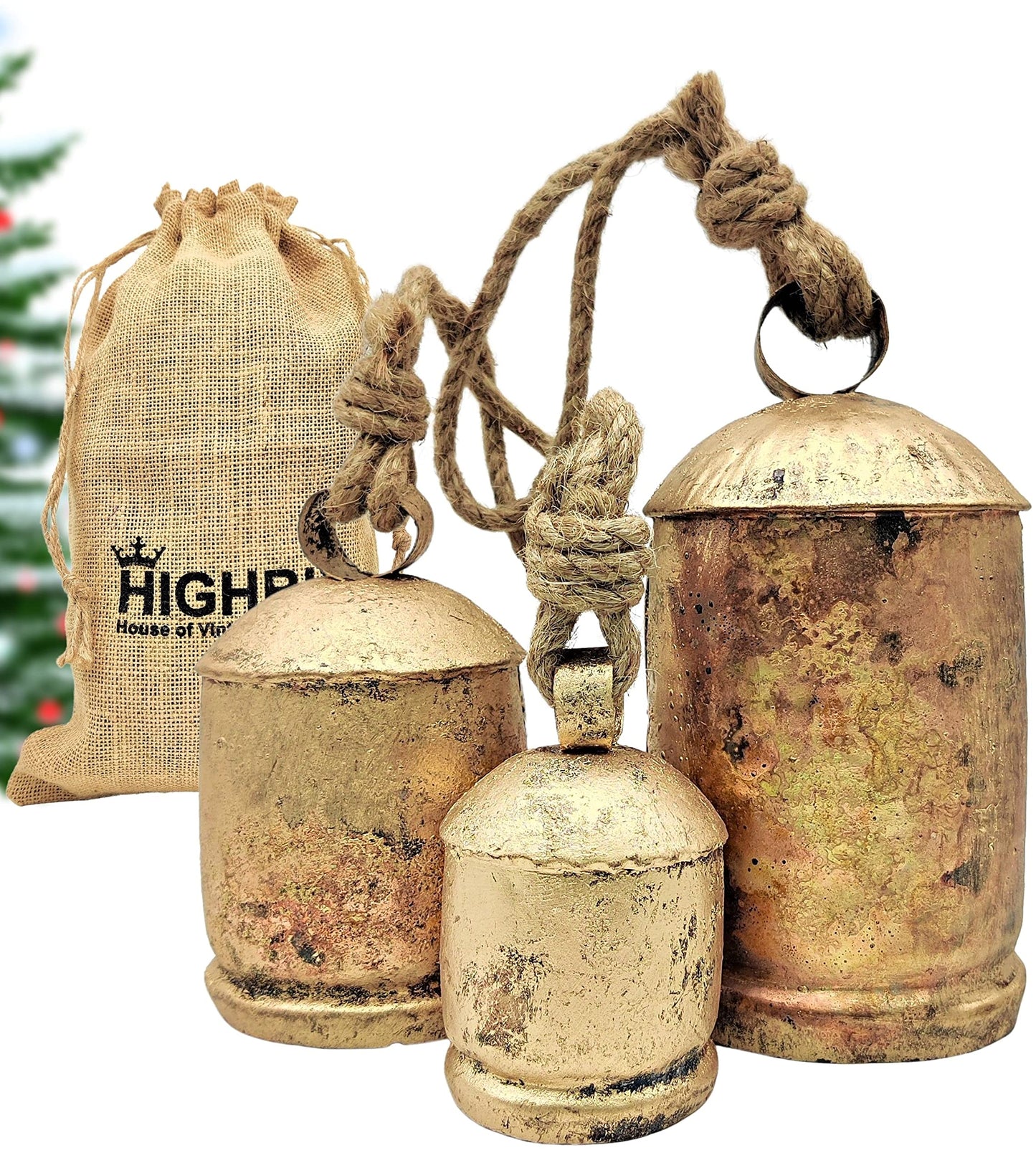 HIGHBIX Set of 3 Giant Harmony Cow Bells Huge Vintage Handmade Rustic Lucky Christmas Hanging XL Bells On Rope (Country Rustic, Large)
