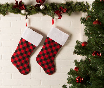 DII Decorative Christmas Family Stocking Set Holiday Décor with Hanging Loop, 20x7, Farmhouse Buffalo Check, Red & Black, 2 Piece