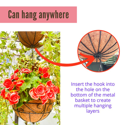 LaLaGreen Hanging Planter for Outdoor Plants (12 Inch, 2 Pack) Hanging Baskets with Coco Liner, Black Metal Wire Flower Basket Pots with Hook Hanger Balcony Porch Farmhouse Country Style Garden Decor