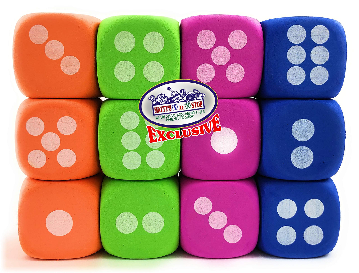Deluxe Large 2.25" EVA Foam Dice (Pack of 12) with Bonus Matty's Toy Stop Storage Bag