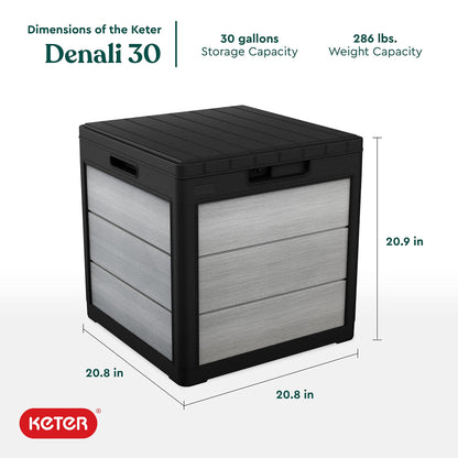 Keter Denali 30 Gallon Resin Outdoor Storage Box and Patio Furniture Side Table for Pool and Garden Accessories, Grey & Black
