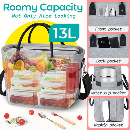 KIPBELIF Cute & Roomy Lunch Box for Women – Adults Large Insulated Lunch Bag with Shoulder Strap, Multi-Pockets, and Water Bottle Holder for Work, Picnic, and Outdoors (Extra Large Size, Gray)