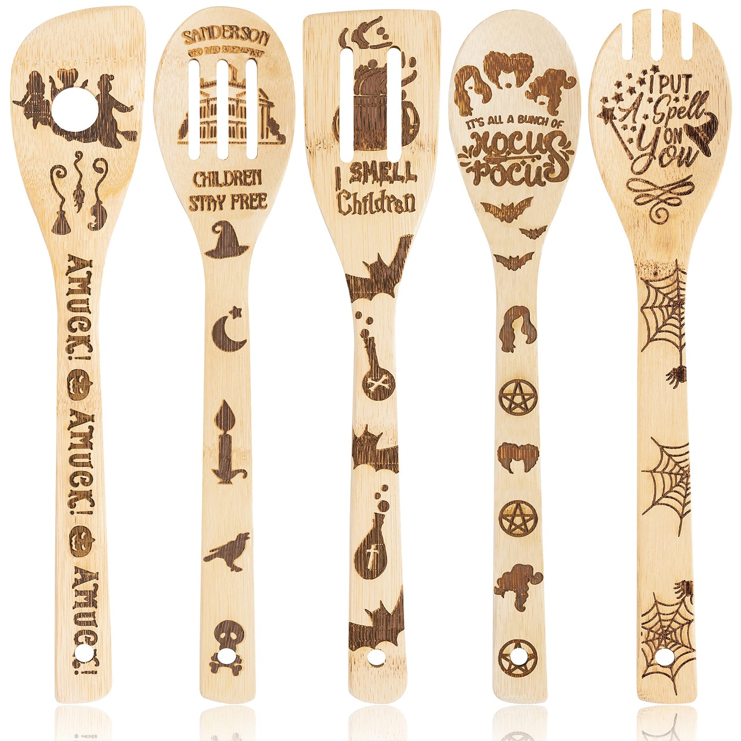Eartim Hocus Pocus Wooden Cooking Utensil Set - 5Pcs Halloween Kitchen Cooking Gadget Natural Carve Bamboo Spoon Slotted Spatula Non-Stick Cookware Utensil Birthday Housewarming Gift Halloween Supply