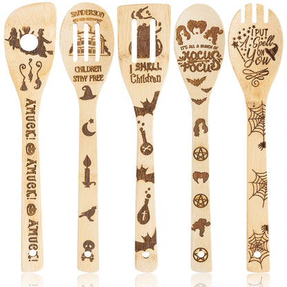 Eartim Hocus Pocus Wooden Cooking Utensil Set - 5Pcs Halloween Kitchen Cooking Gadget Natural Carve Bamboo Spoon Slotted Spatula Non-Stick Cookware Utensil Birthday Housewarming Gift Halloween Supply