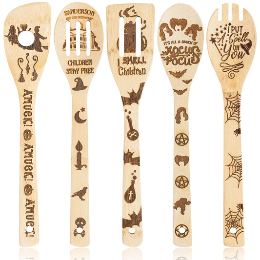 Eartim Hocus Pocus Wooden Cooking Utensil Set - 5Pcs Halloween Kitchen Cooking Gadget Natural Carve Bamboo Spoon Slotted Spatula Non-Stick Cookware Utensil Birthday Housewarming Gift Halloween Supply