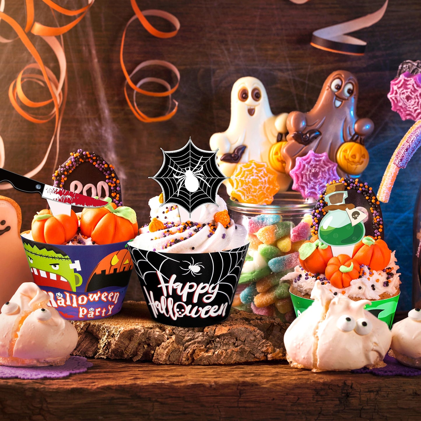 164PCS Halloween Cupcake Toppers Wrappers - Spider Web Pumpkin Zombie Hand Cake Party Decorations Supplies
