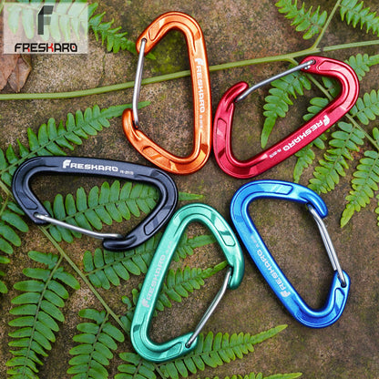 FresKaro 5pack Carabiner Clips Heavy Duty, Small Sturdy Key Keychain Accessory, Strong High Strength 8kN/1798lbs, Wire Gate, Ultra Lightweight, 7075 Aluminum, Rust Free, D-Shape, Orange