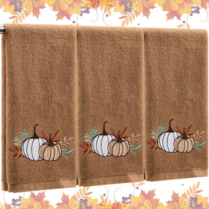 Fanfanwin 3 Pcs Fall Hand Towels for Bathroom 13.8 x 29.5 Inch Autumn Decorative Bath Towels Sets 100% Cotton Embroidered Pumpkin Maple Thanksgiving Bathroom Decor(Khaki,Pumpkin)