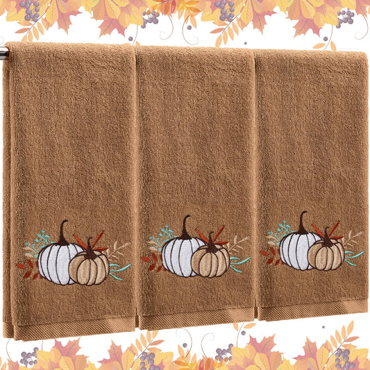 Fanfanwin 3 Pcs Fall Hand Towels for Bathroom 13.8 x 29.5 Inch Autumn Decorative Bath Towels Sets 100% Cotton Embroidered Pumpkin Maple Thanksgiving Bathroom Decor(Khaki,Pumpkin)